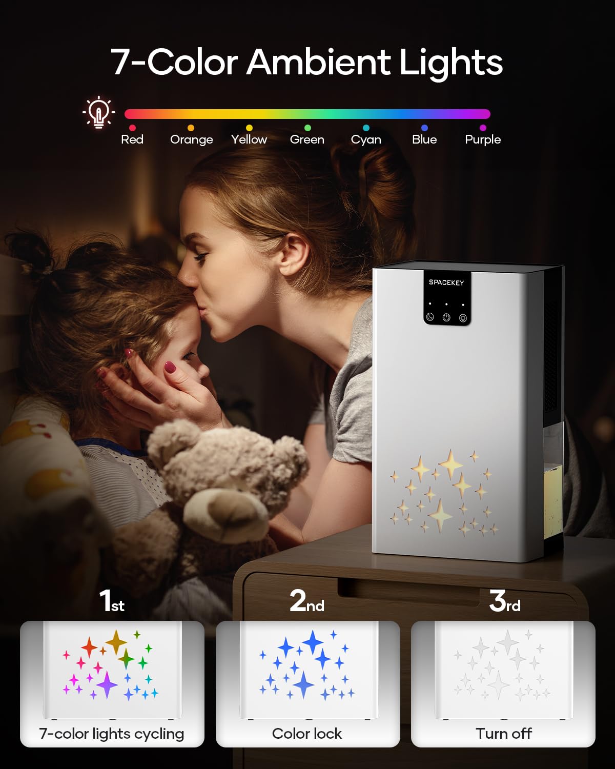 Spacekey dehumidifier with 7-color LED lights for mood and ambience