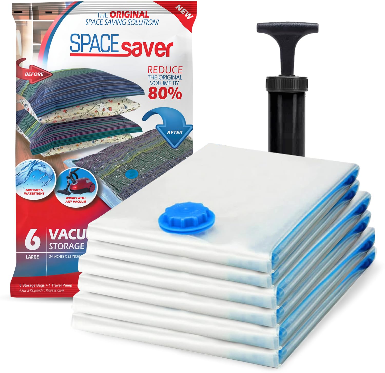 Spacesaver six-pack vacuum storage bags in package for organized packing.