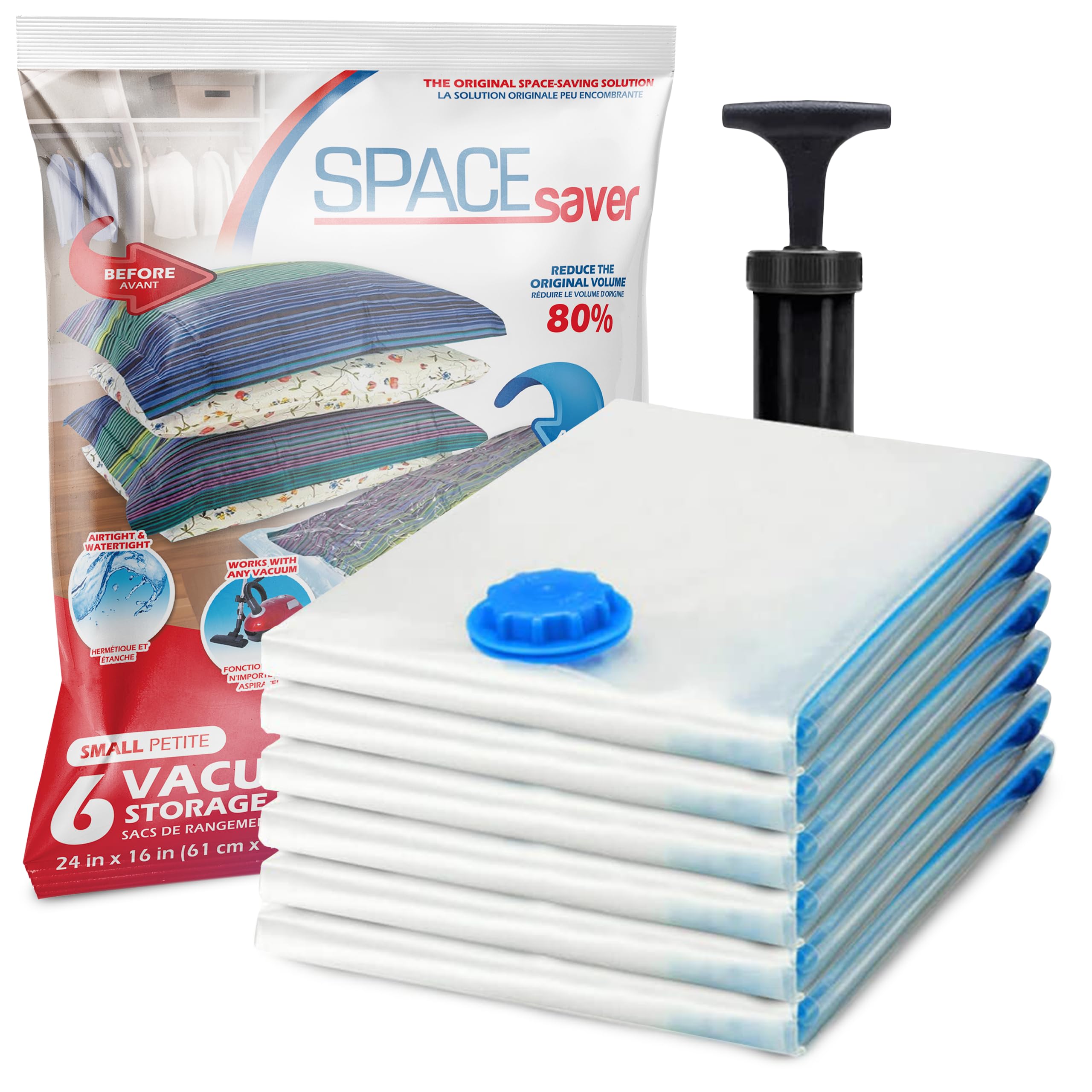Spacesaver 6-pack vacuum bags keep comforters tightly stored for space-saving.