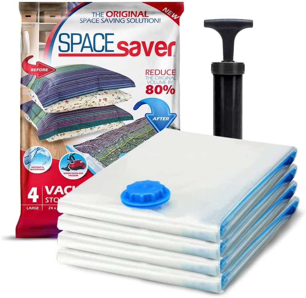 Spacesaver jumbo bag filled with blankets showing space-saving closet organization.