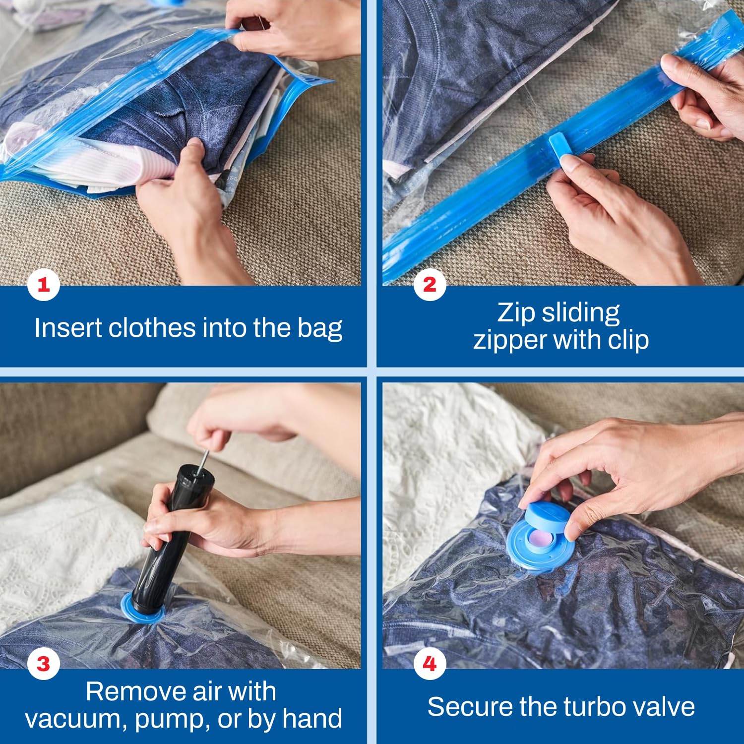 Spacesaver small vacuum bags organize blankets and clothes for tidy closets.