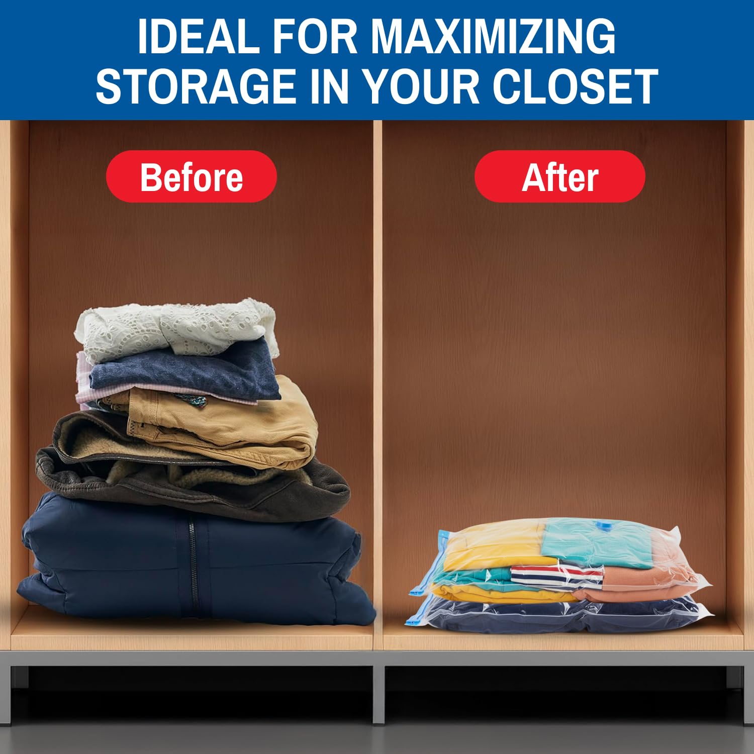 Spacesaver travel packing with vacuum bags minimizes luggage bulk.