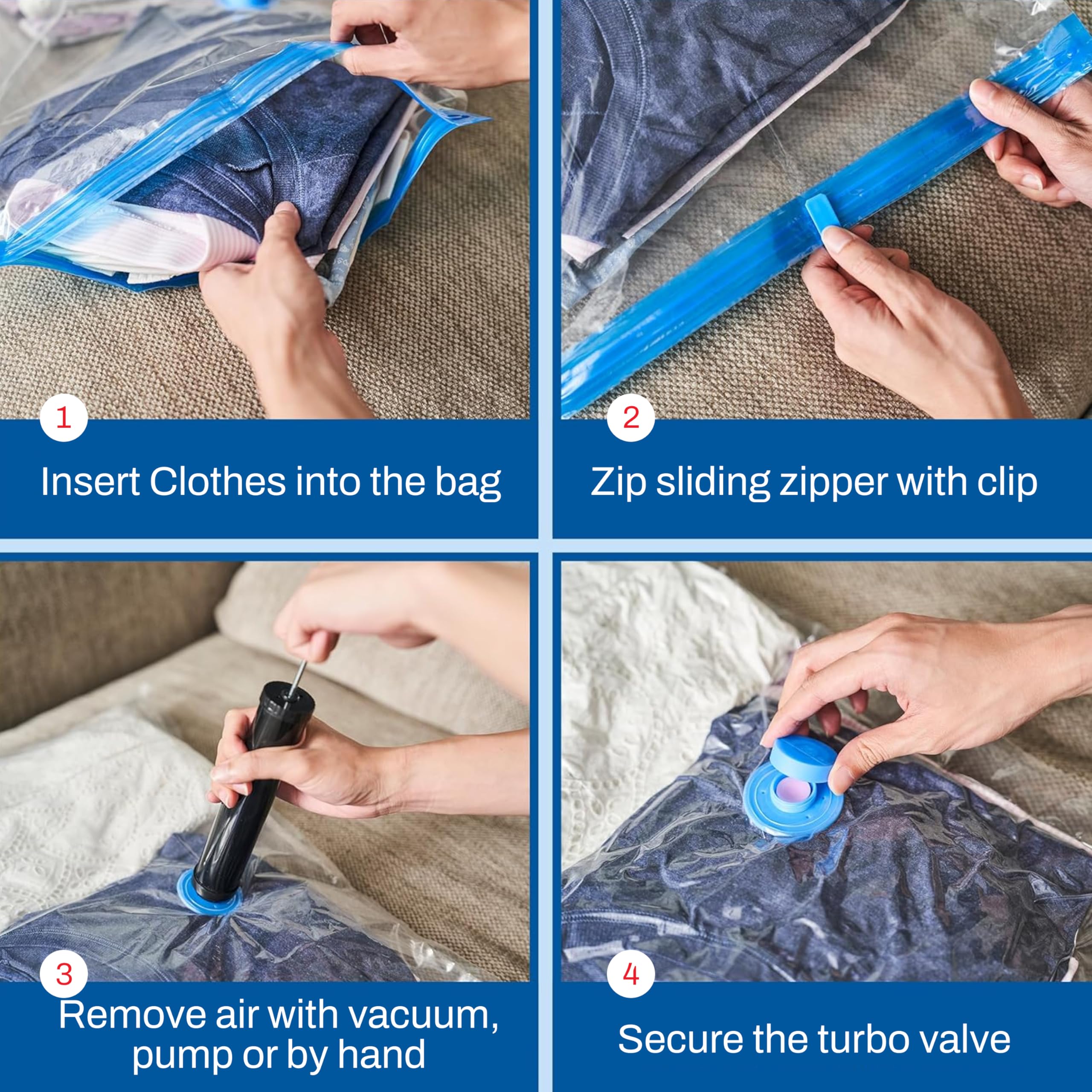 Spacesaver pump-included vacuum bags for fast, hands-on sealing.
