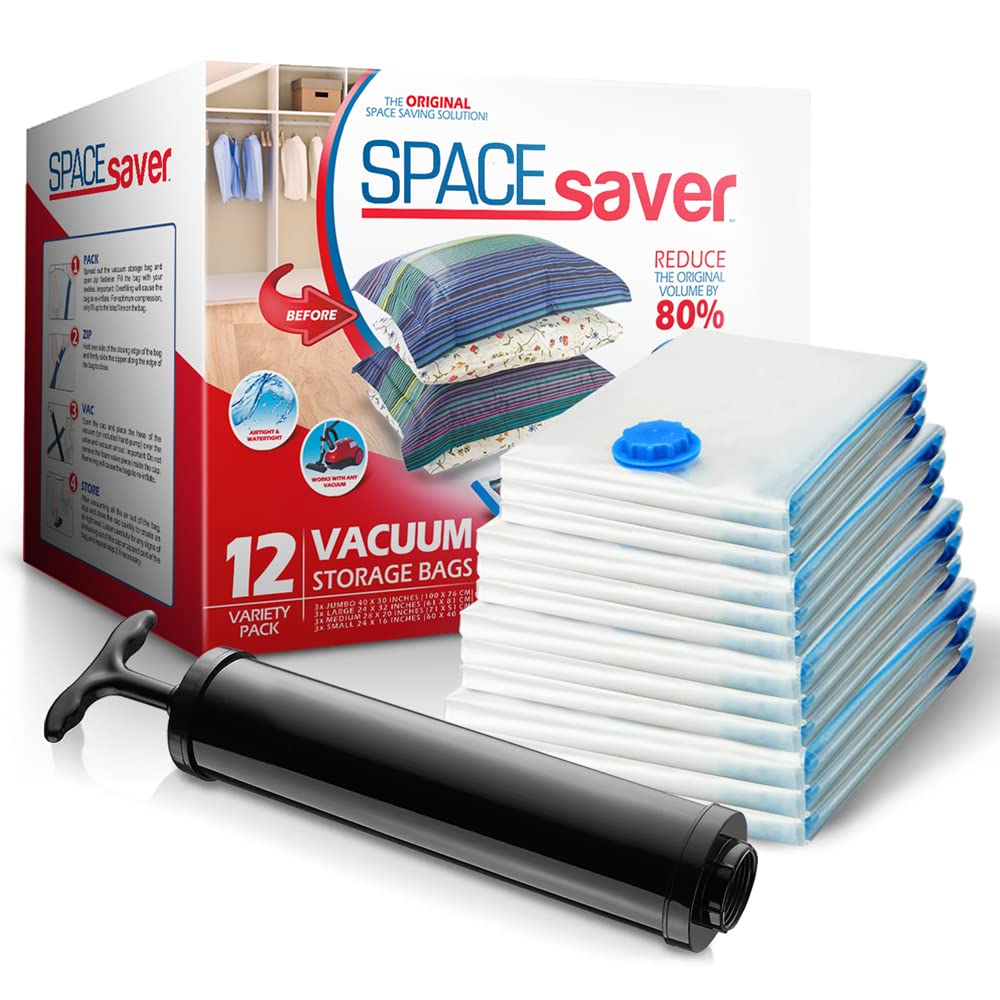 Spacesaver vacuum storage bags with hand pump for quick space saving.