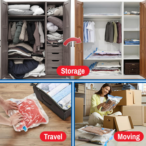 Spacesaver waterproof seal bags protect clothing from dust and moisture during storage.