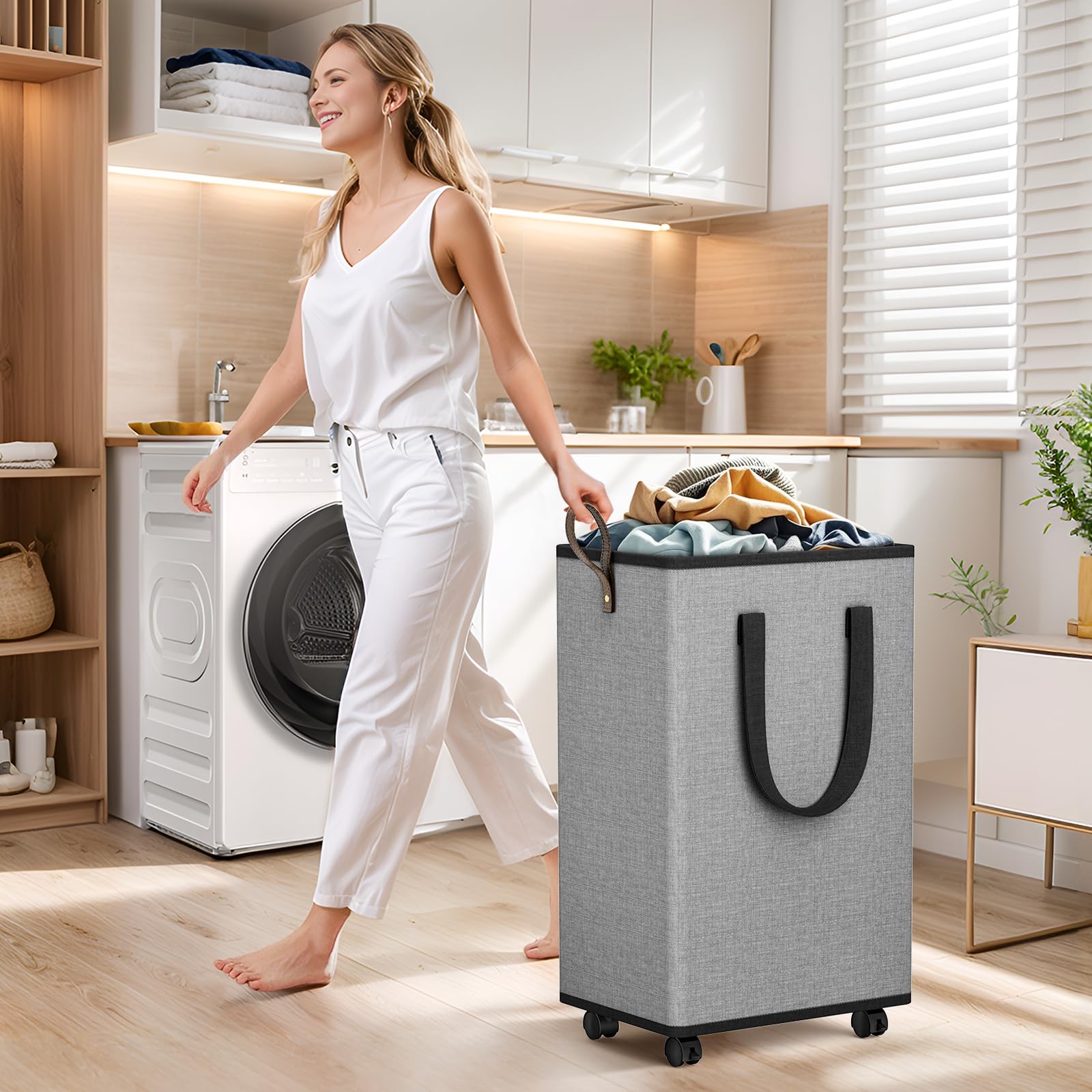 SpaceTrove rolling laundry basket fits dorm rooms and small apartments