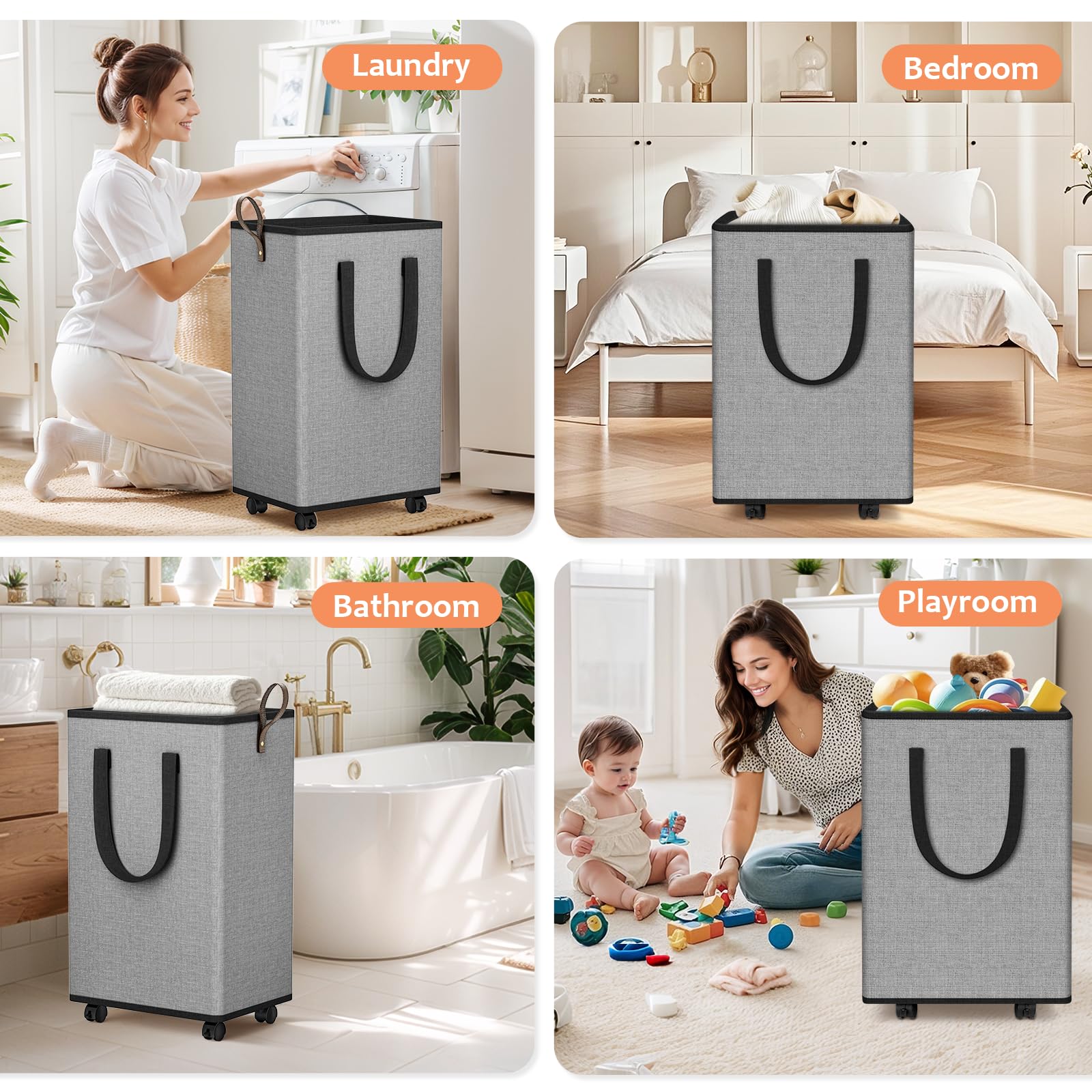 SpaceTrove grey laundry basket blends with bathroom or bedroom decor