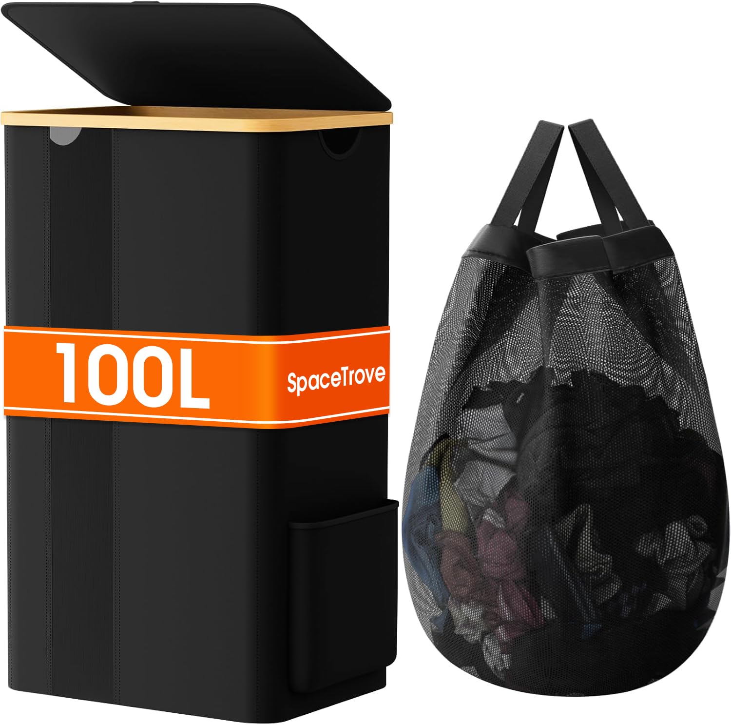 SpaceTrove 100L laundry basket with lid showing large capacity for bulky loads