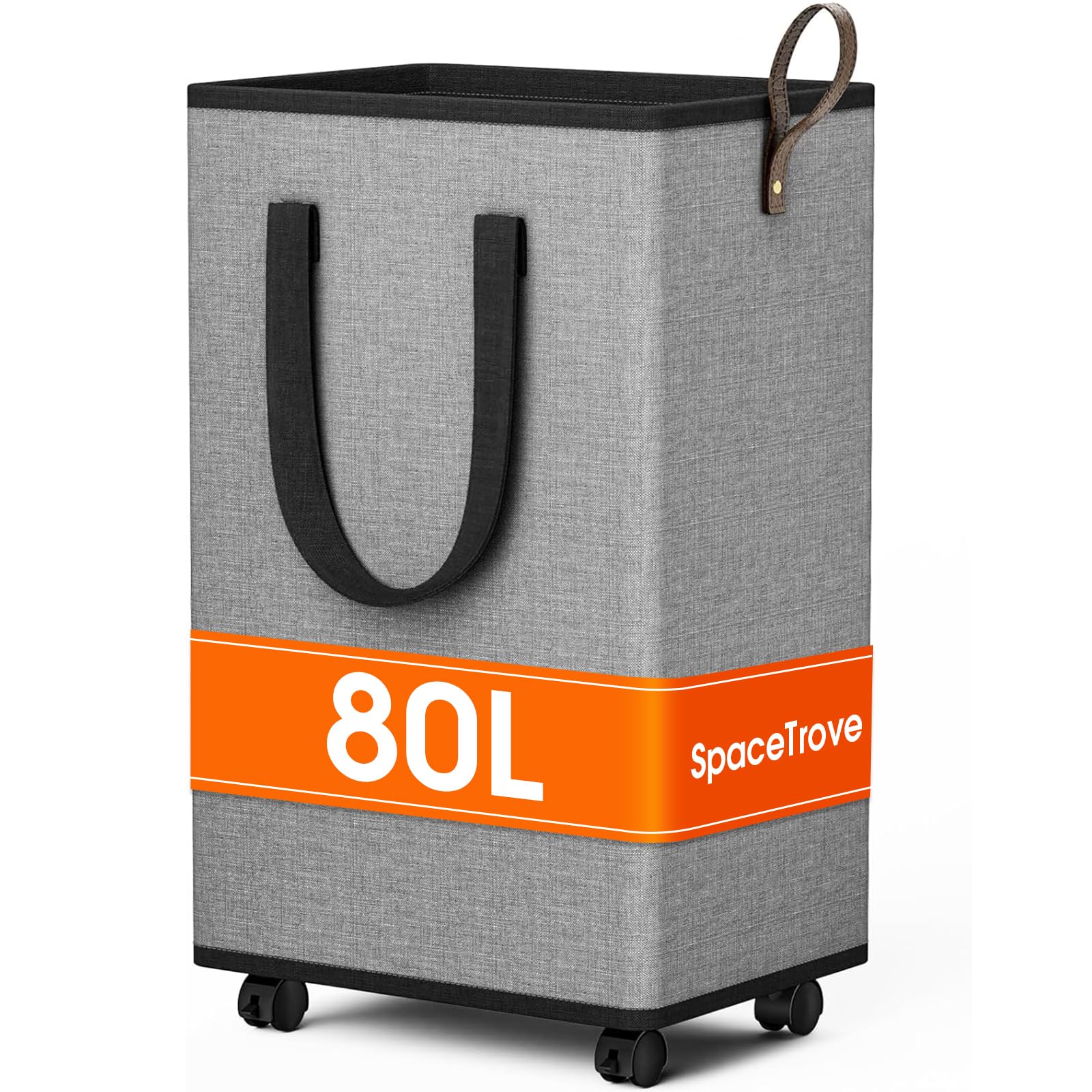 SpaceTrove laundry basket with wheels, 80L capacity, easy transport from bedroom to laundry