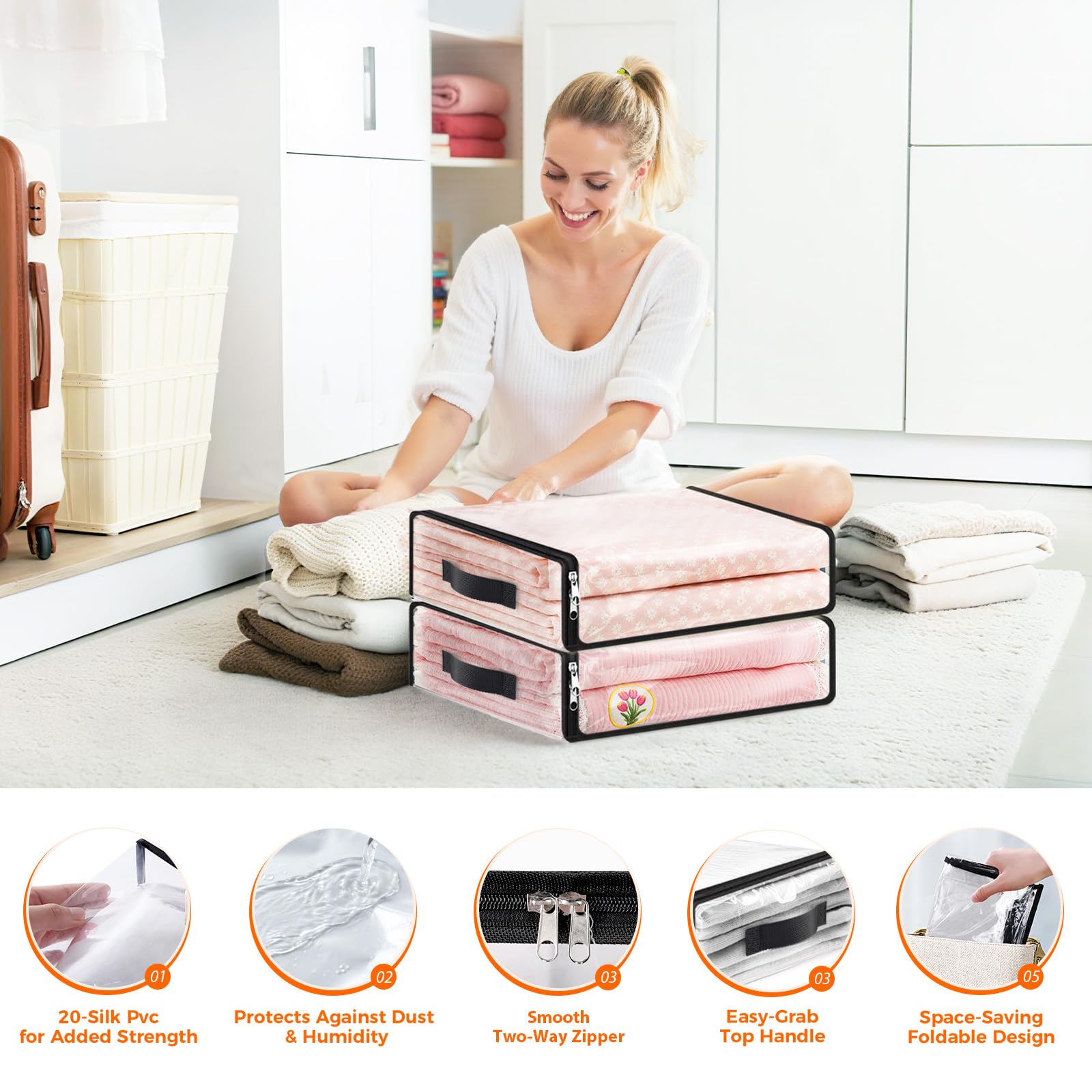 SpaceWhisper bedding storage bags keep blankets and linens tidy and protected.