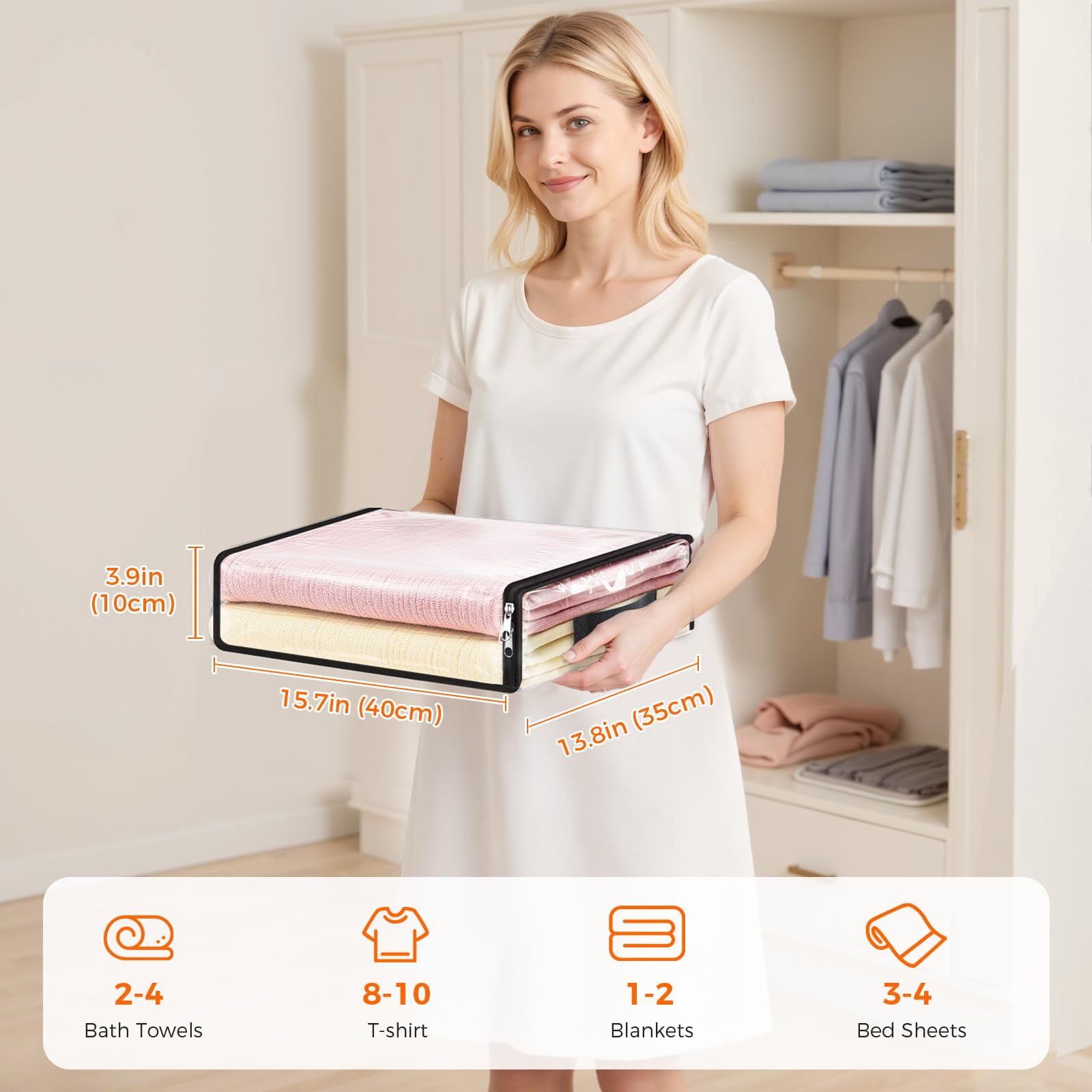 SpaceWhisper six-pack clear bags for space-saving storage and quick item access.