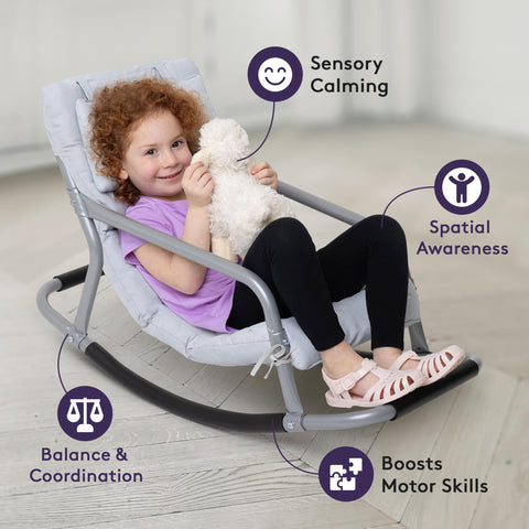 Special Supplies sensory rocking chair grey close-up fabric emphasizes soft, easy-clean material for everyday use.