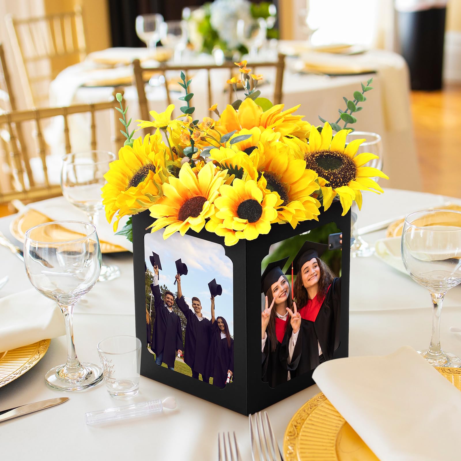 Spiareal center-space decoration features flowers or small gifts beside photos