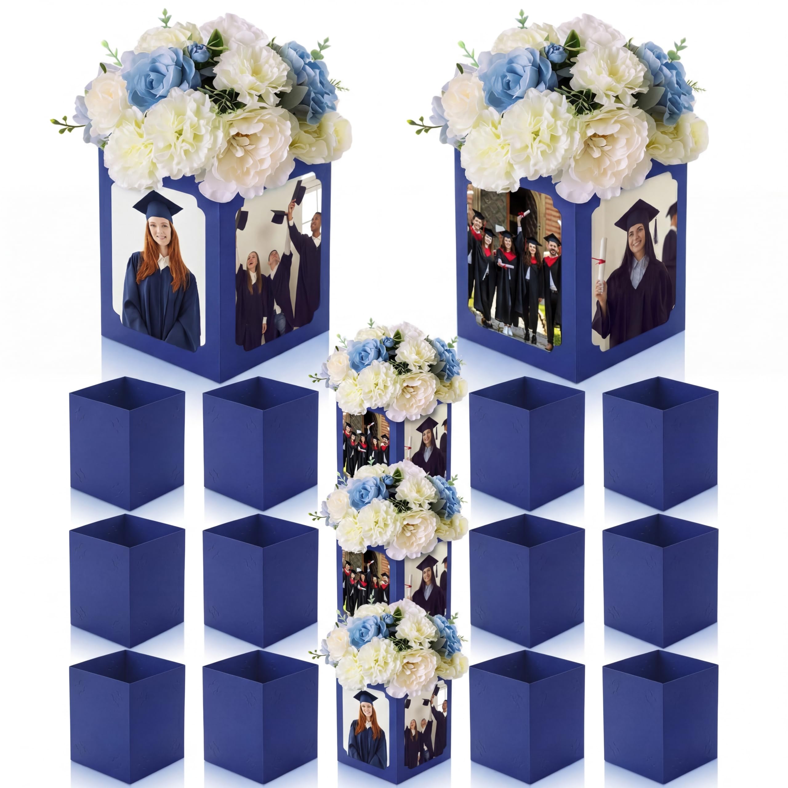 Spiareal blue graduation box centerpiece, front view for multi-angle photo displays