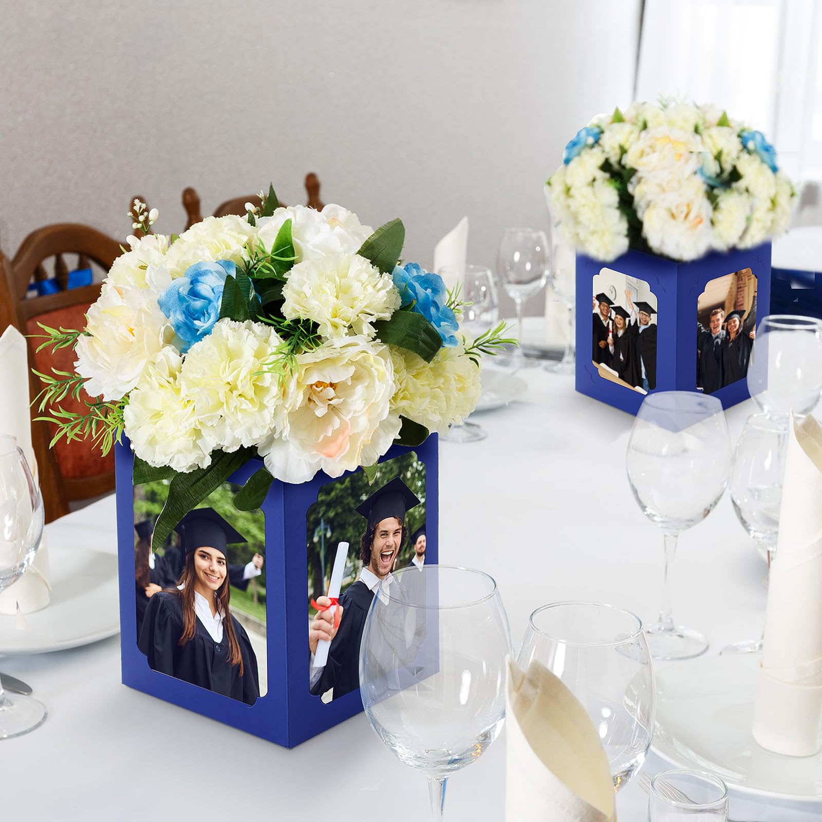Spiareal blue graduation box centerpiece opened to reveal center display space