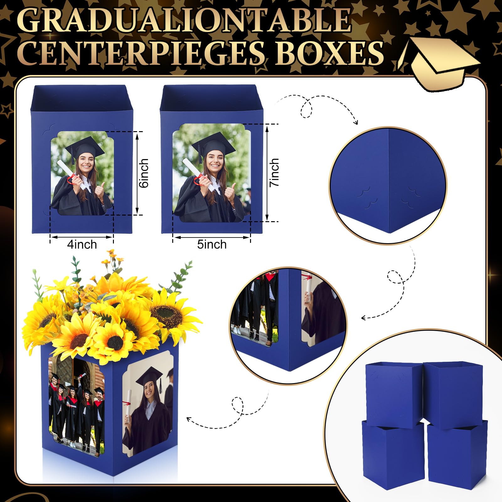 Spiareal blue graduation box centerpiece, side view highlighting compact design