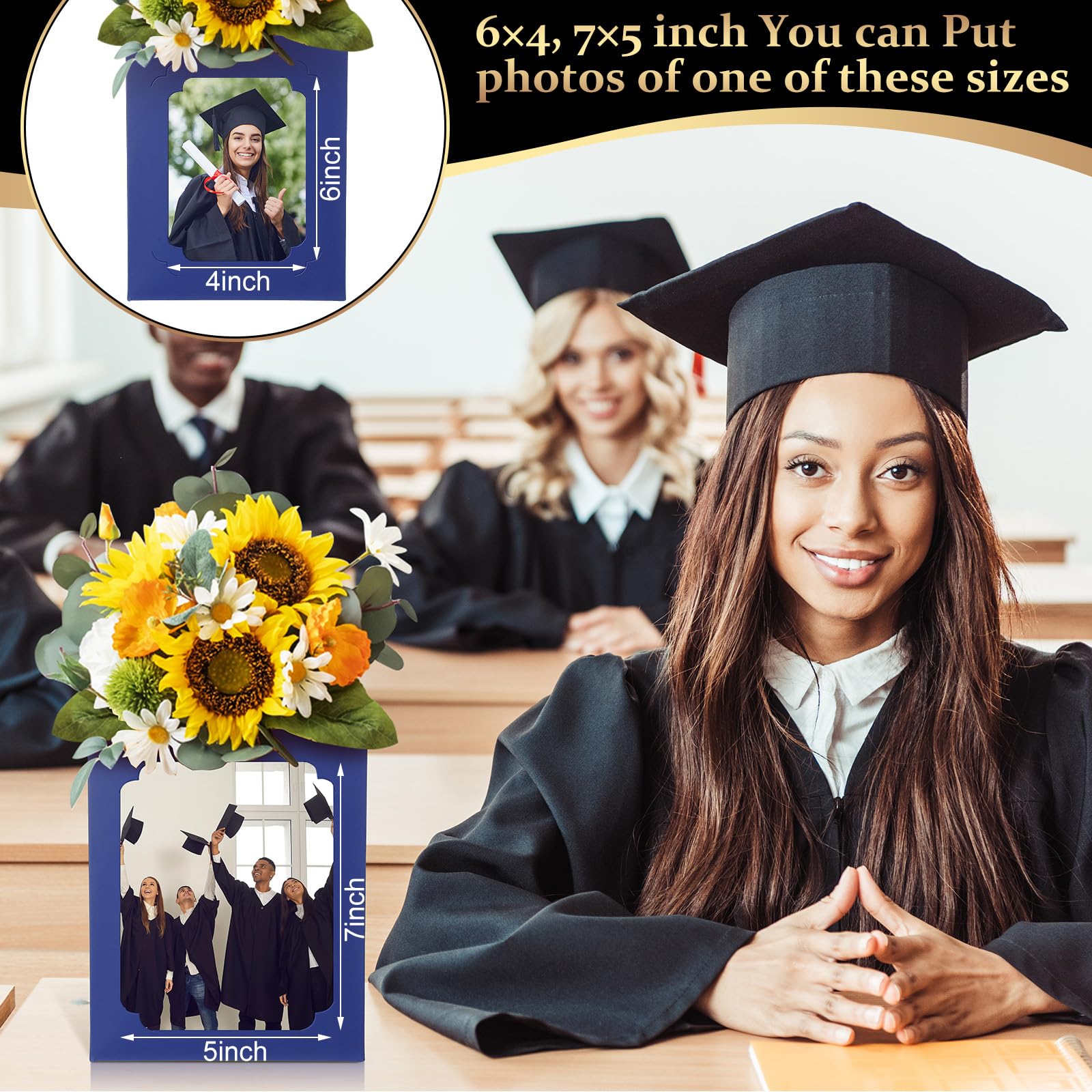 Spiareal blue graduation box centerpiece with flowers and small gifts in center