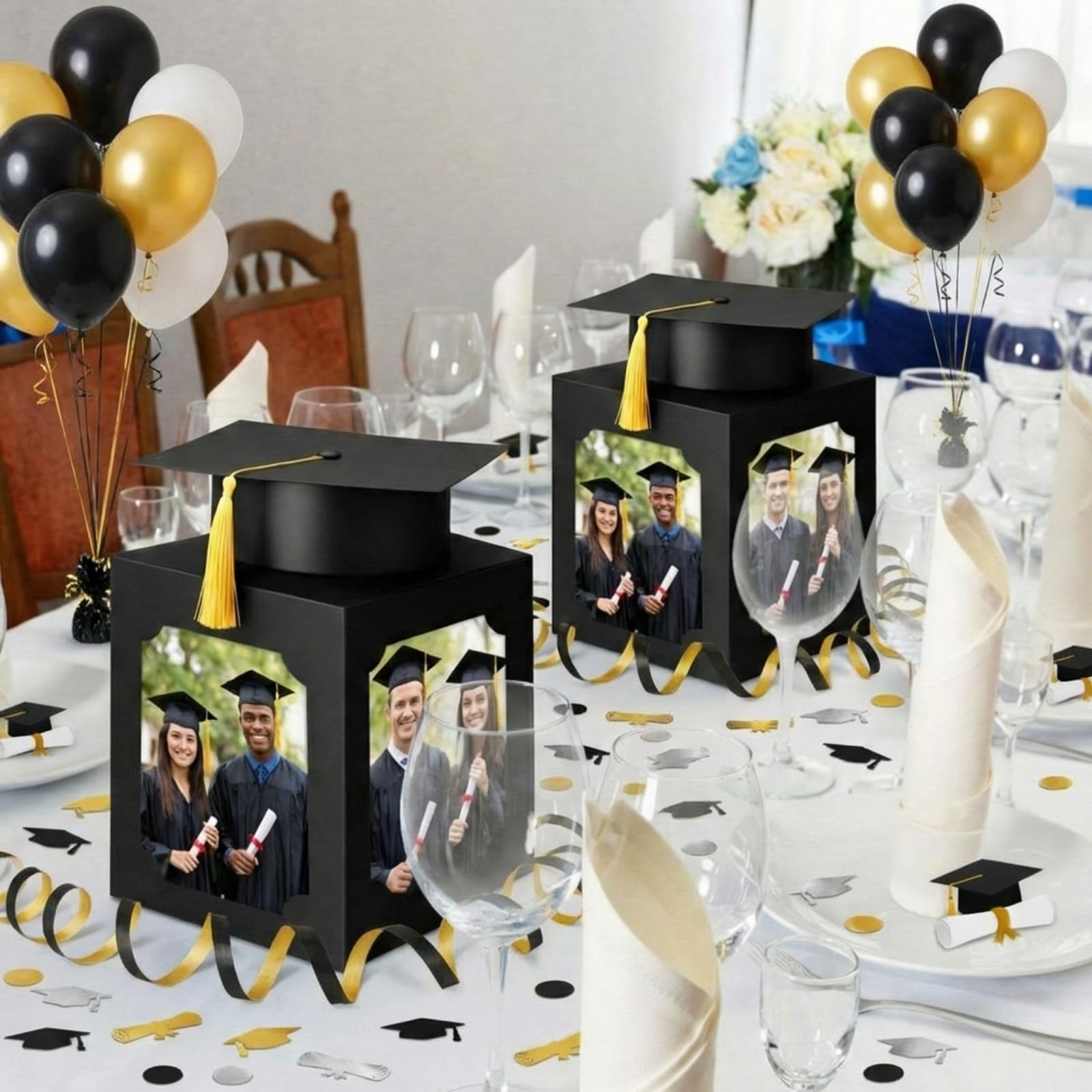 Spiareal thick card stock with graduation cap accent elevates table decor.