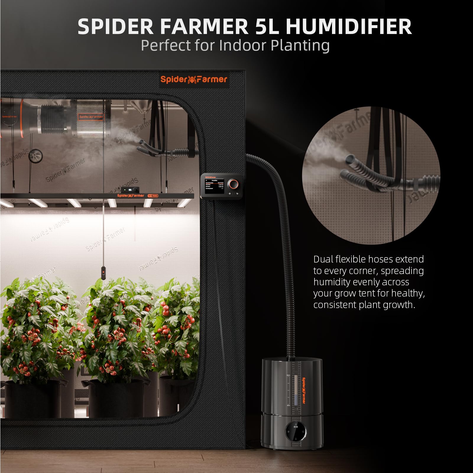 Y-shaped vapor outlet on Spider Farmer humidifier for even mist distribution