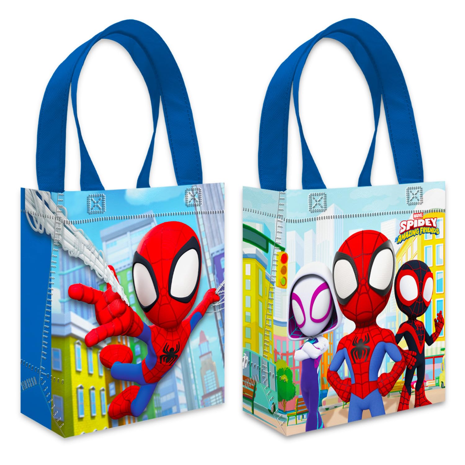 Spiderman mini tote bags featuring Ghost Spider and Miles Morales for durable gift bags.