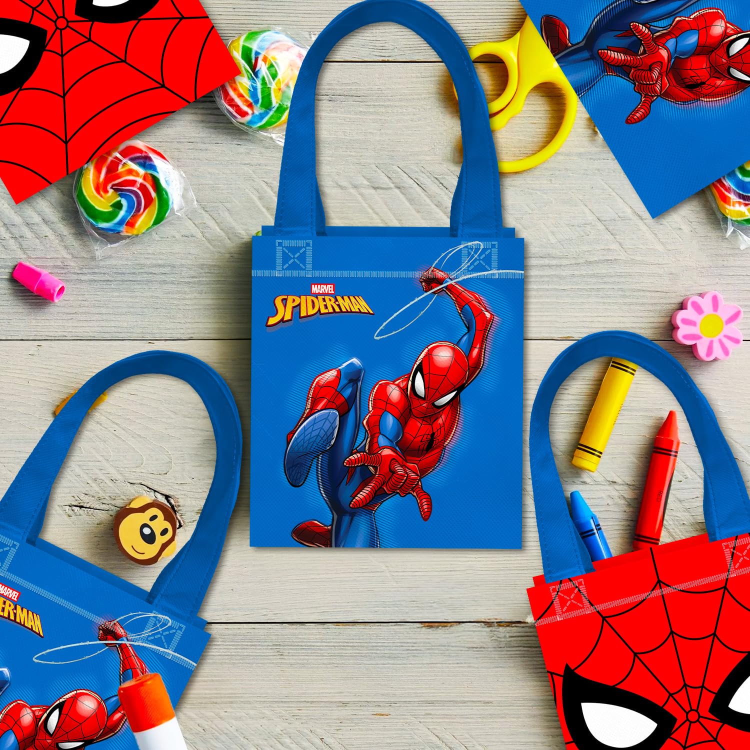 Spider-Man dual-art tote bag highlights colorful artwork for gift bags and photo ops.