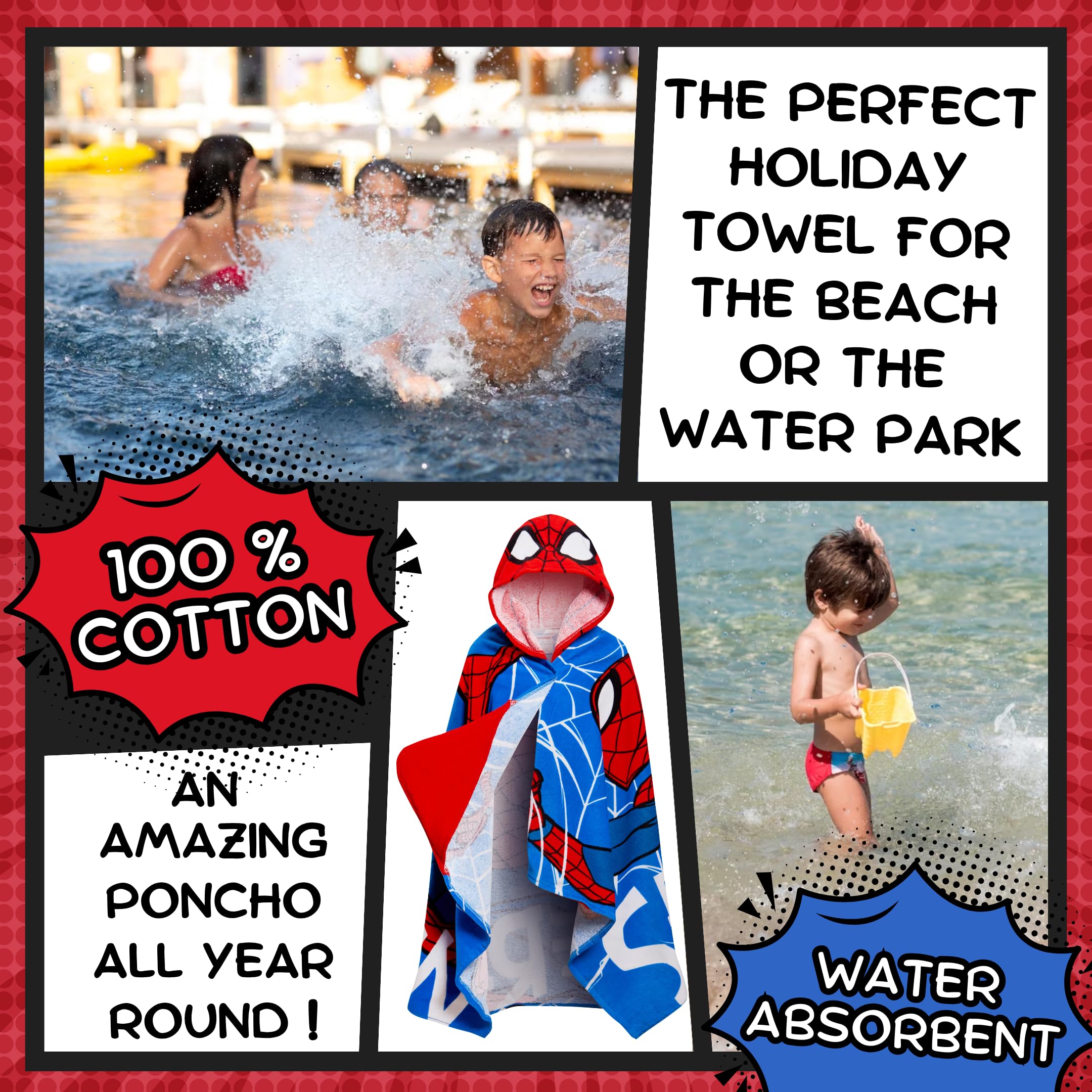 Spider-Man hooded towel is 100% cotton, highly absorbent for fast drying.
