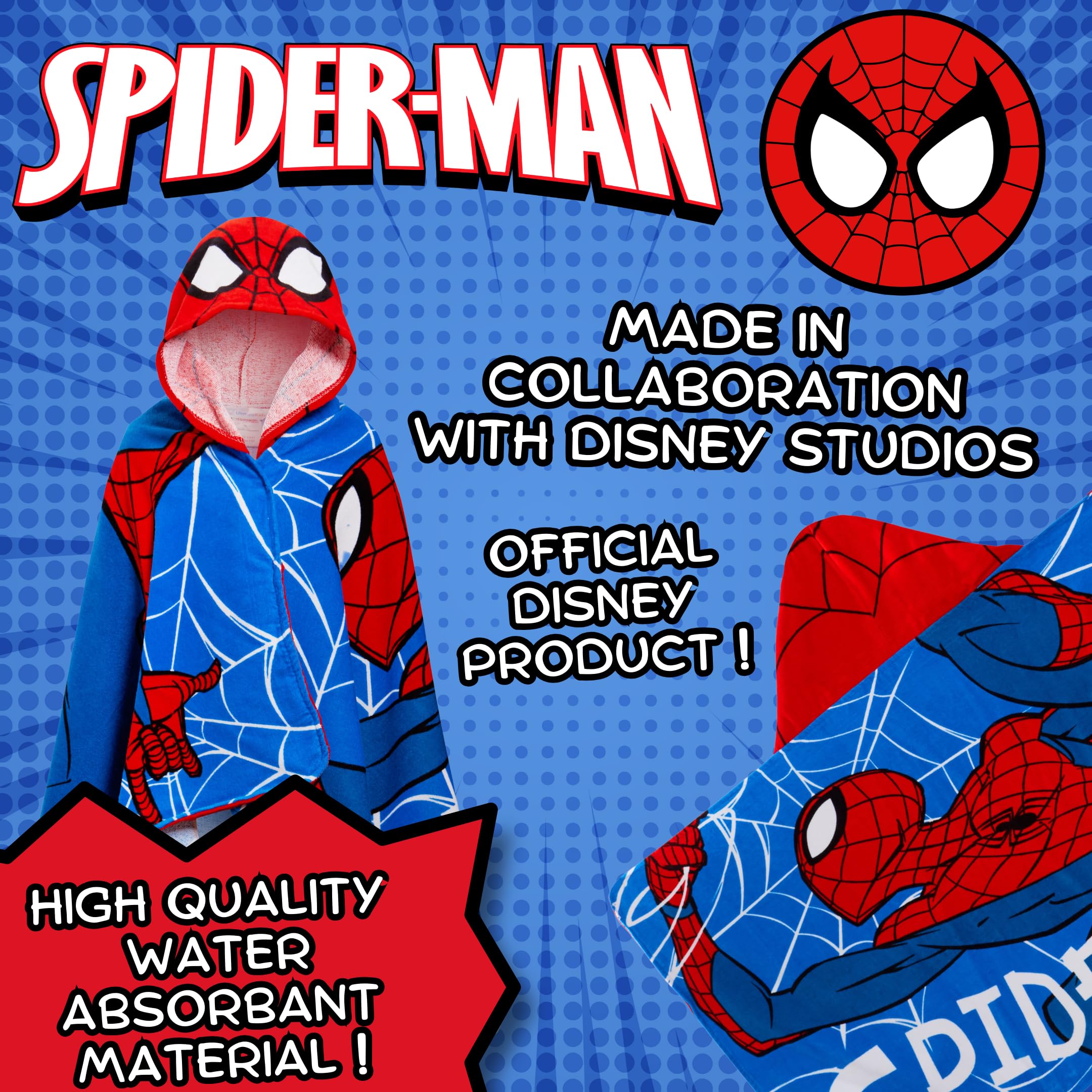 Spider-Man hooded towel shows pockets at corners for easy wrap and wear.