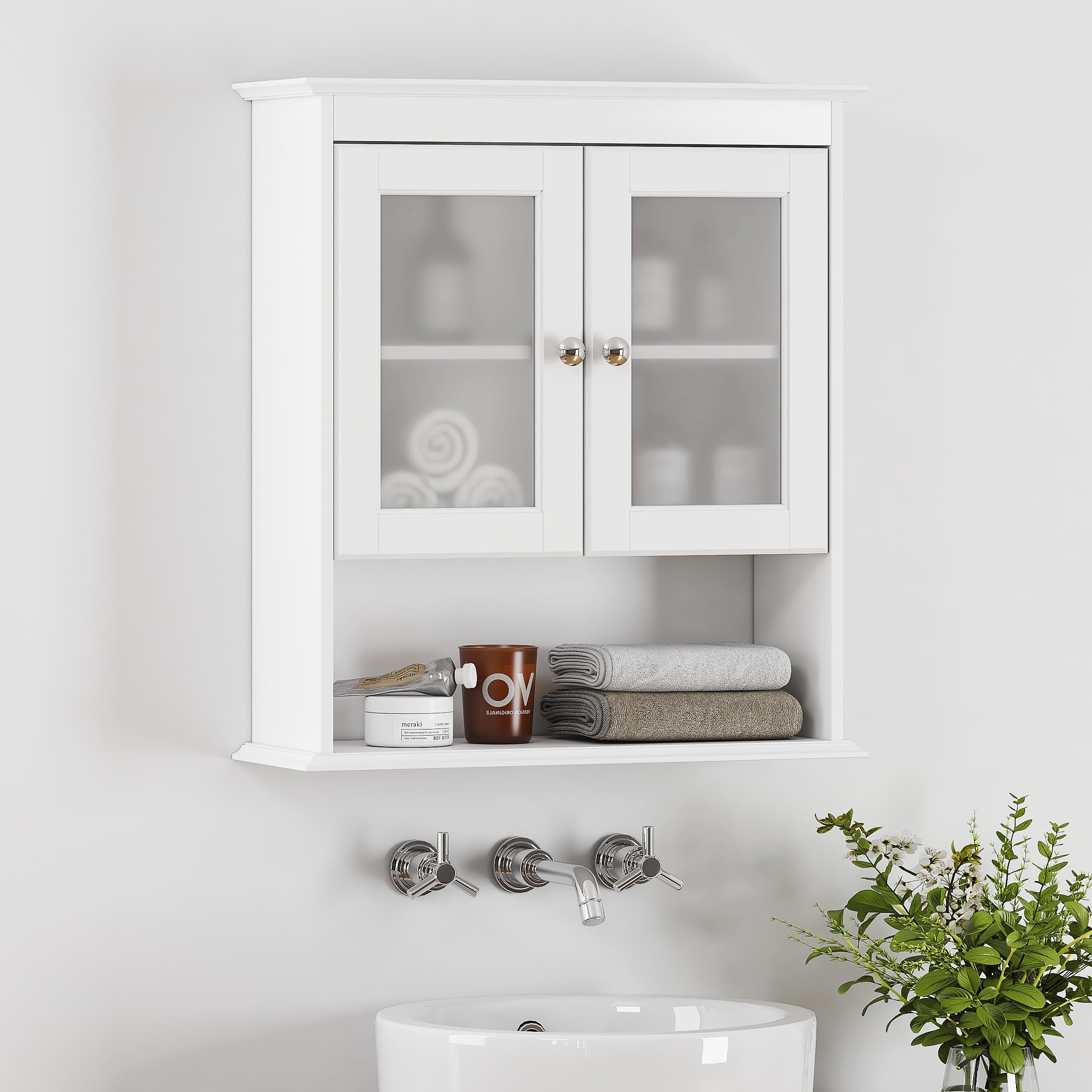 Spirich wall-mounted cabinet with glass doors for easy item visibility and display.