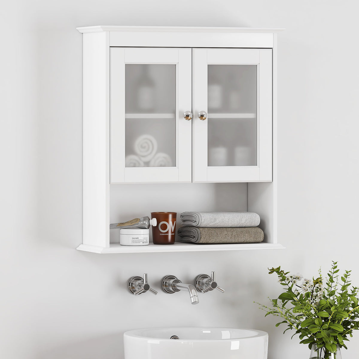 Spirich wall-mounted cabinet with glass doors for easy item visibility and display.