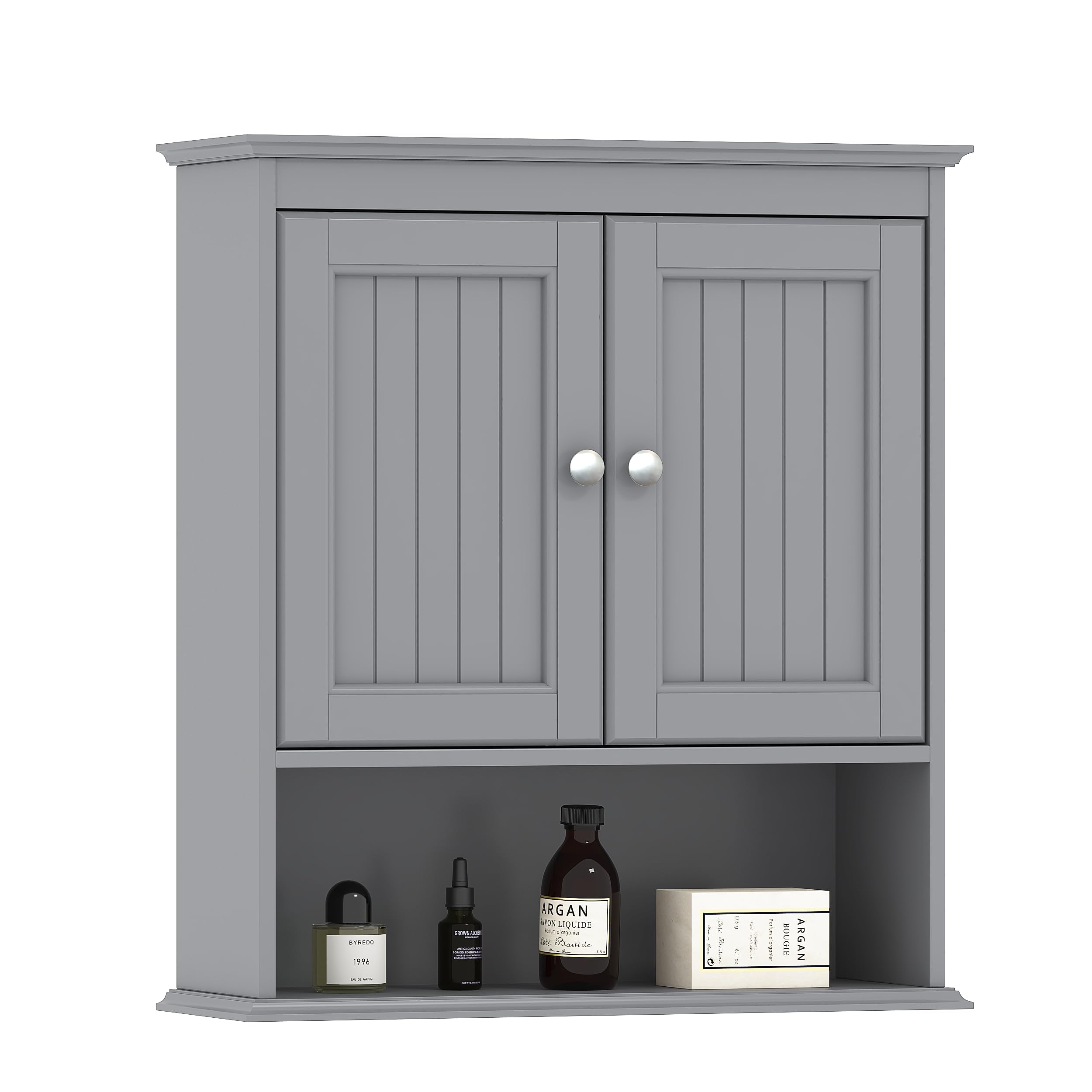 Spirich bathroom wall cabinet over toilet in gray for organized bathroom storage.