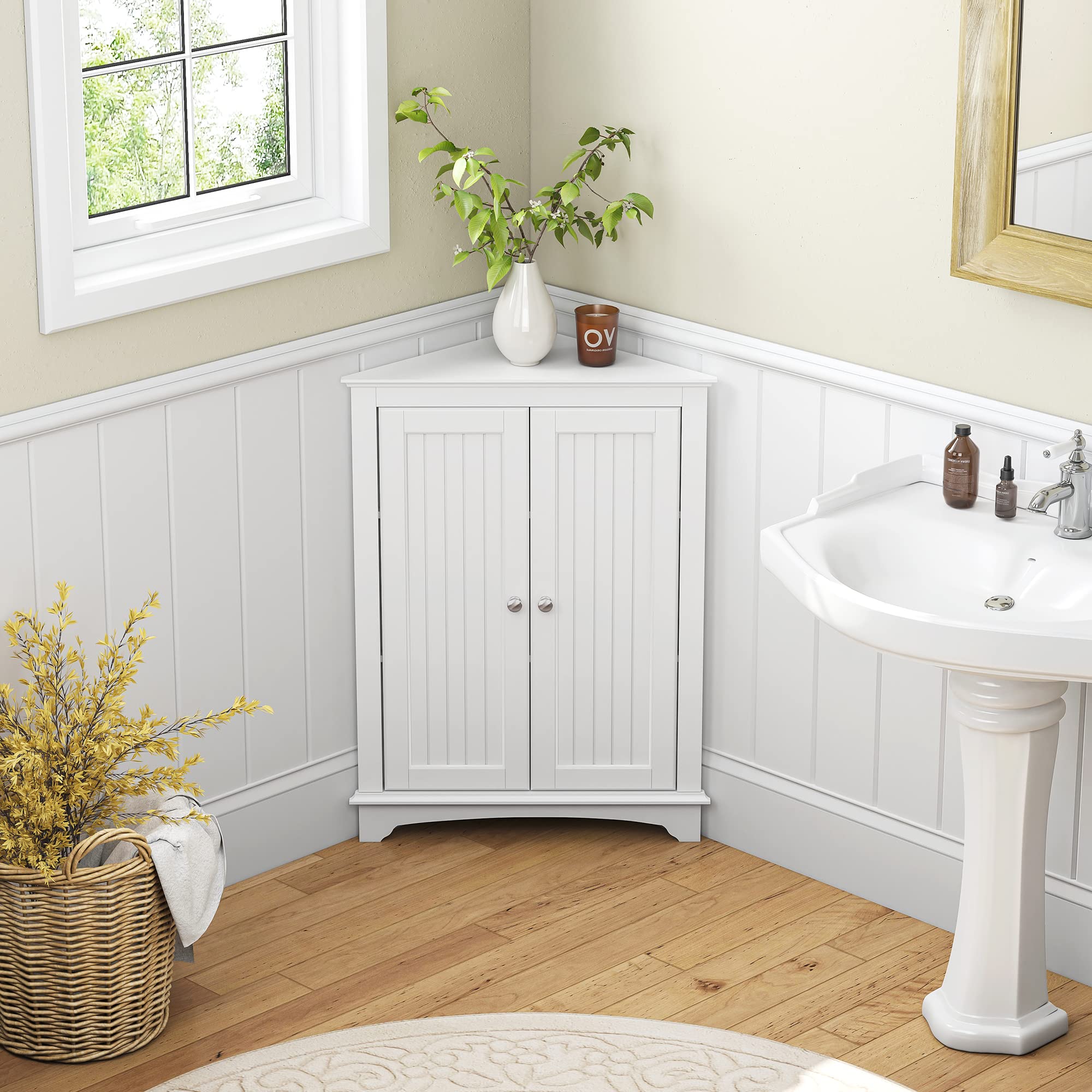 Spirich floor corner cabinet with two doors open reveals organized storage and easy access