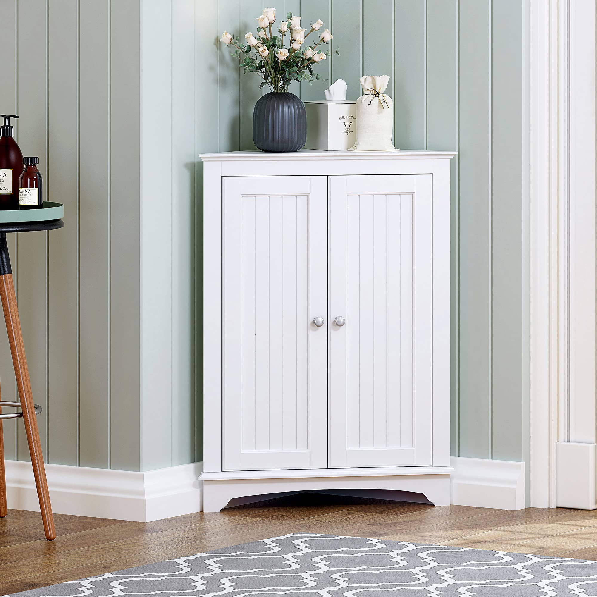 Spirich floor corner cabinet white front view shows space-saving storage for bathroom or kitchen