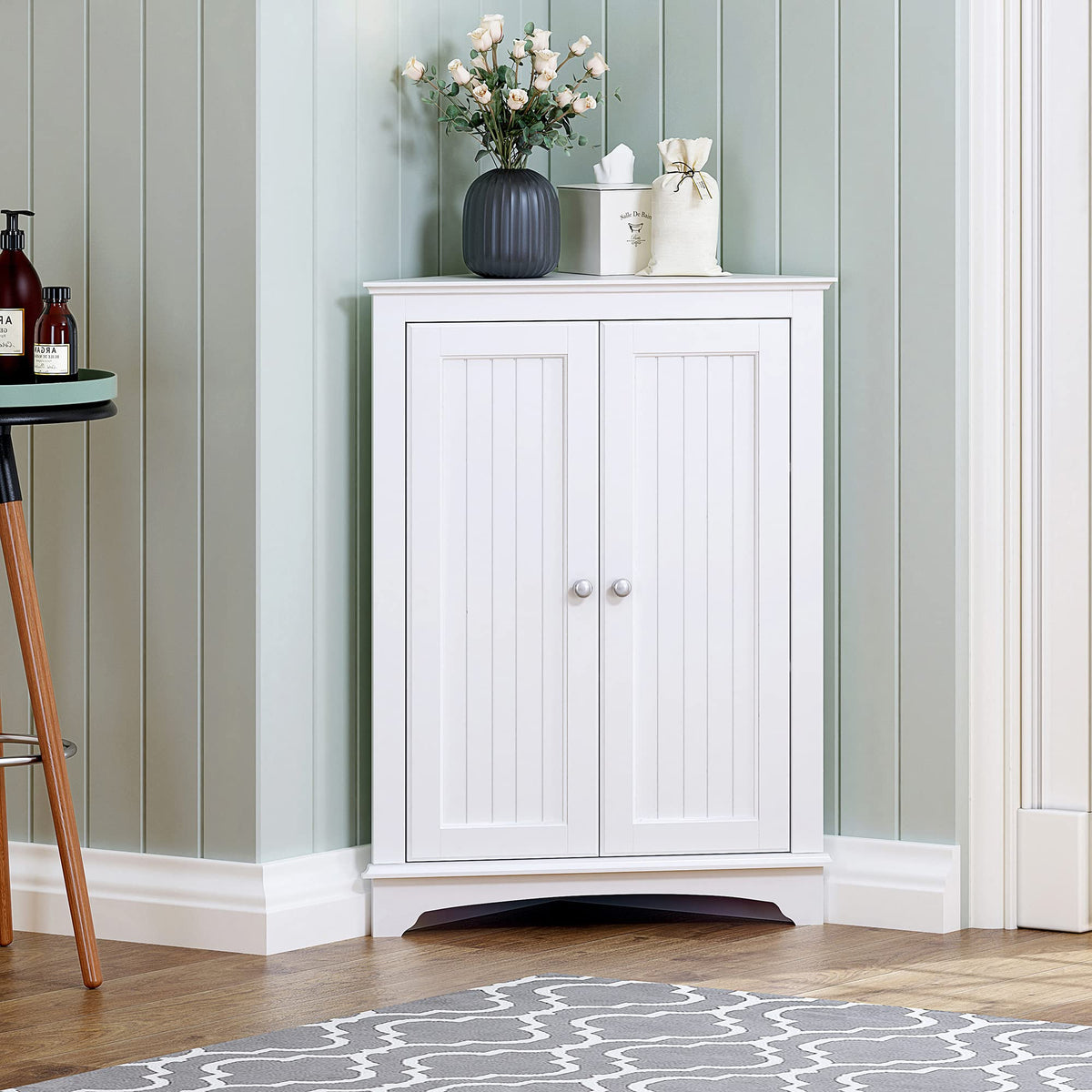 Spirich floor corner cabinet white front view shows space-saving storage for bathroom or kitchen