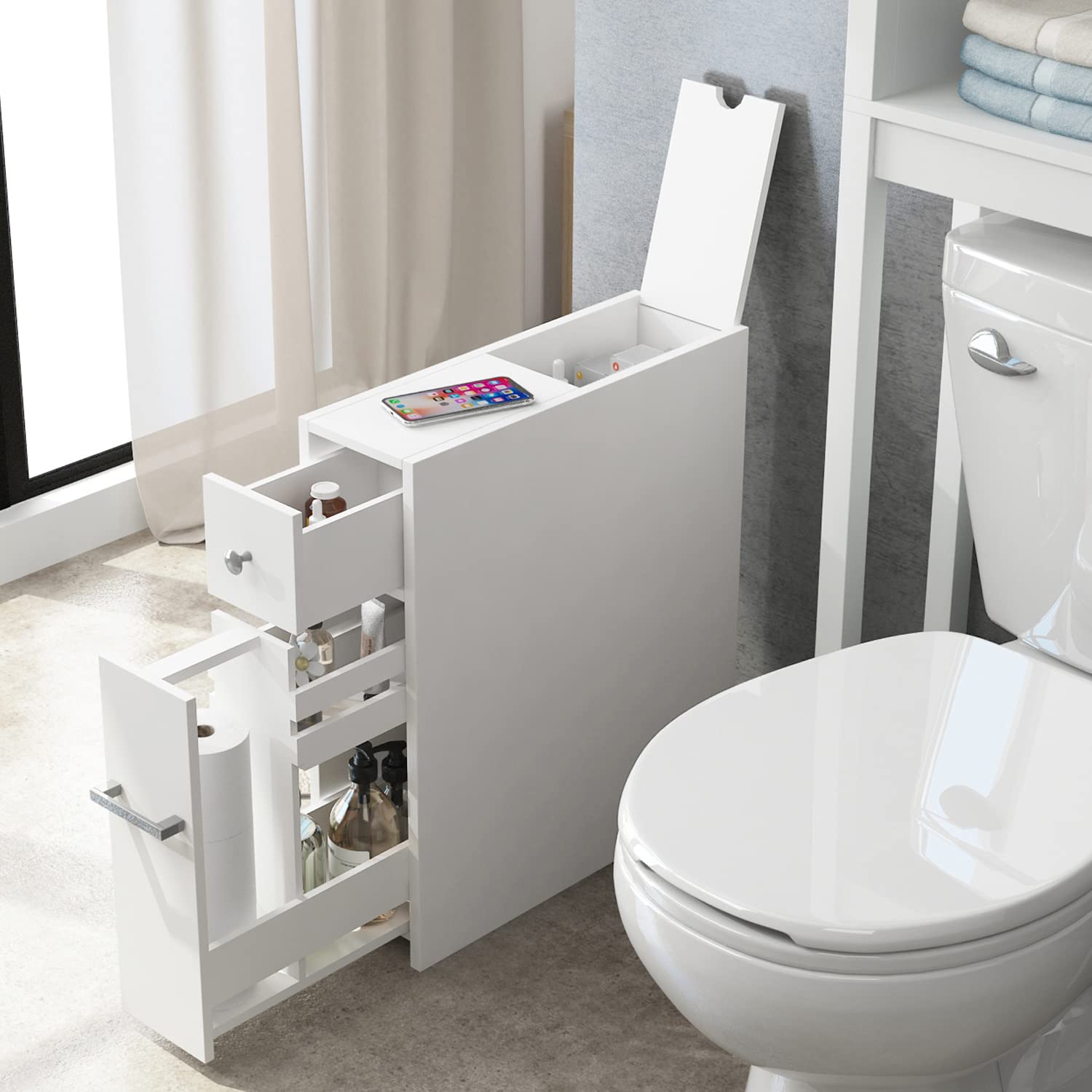 Spirich Slim Bathroom Cabinet slide-out drawer opens to reveal organized compartments