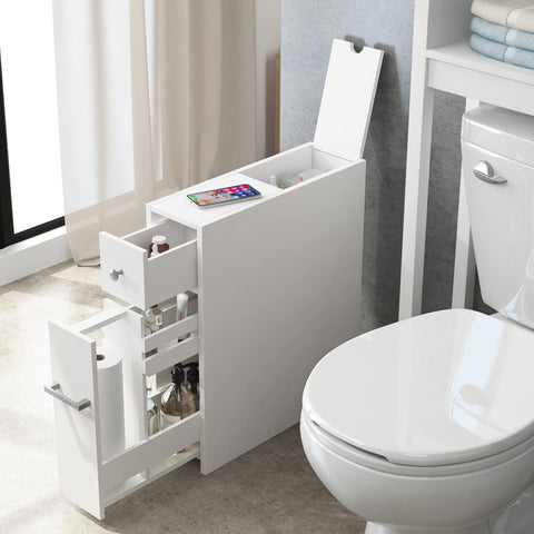 Spirich Slim Bathroom Cabinet slide-out drawer opens to reveal organized compartments