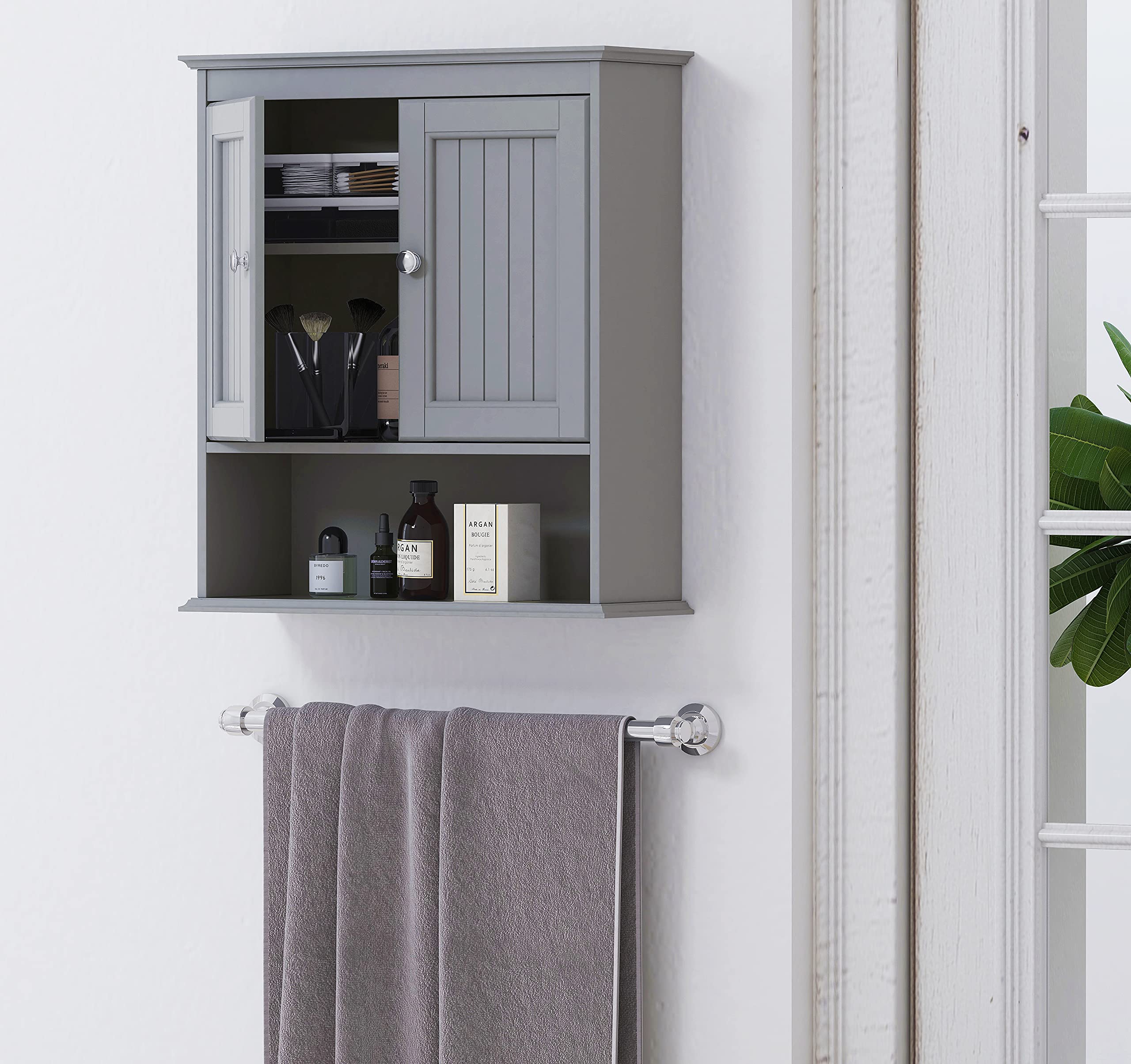 Spirich wall-mounted medicine cabinet with doors and shelves in gray for easy item access.