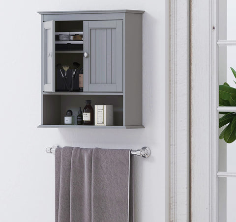 Spirich wall-mounted medicine cabinet with doors and shelves in gray for easy item access.