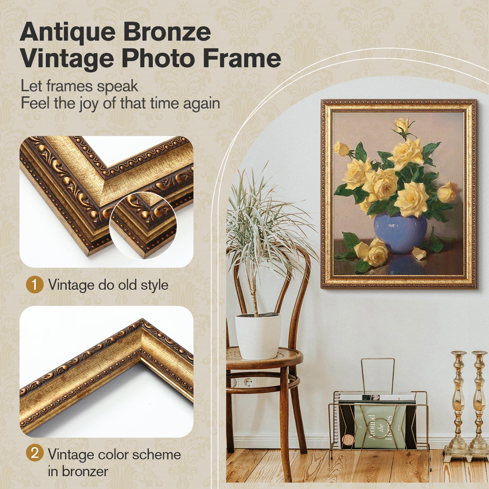 Elegant gold finish highlights photos with a timeless vibe.