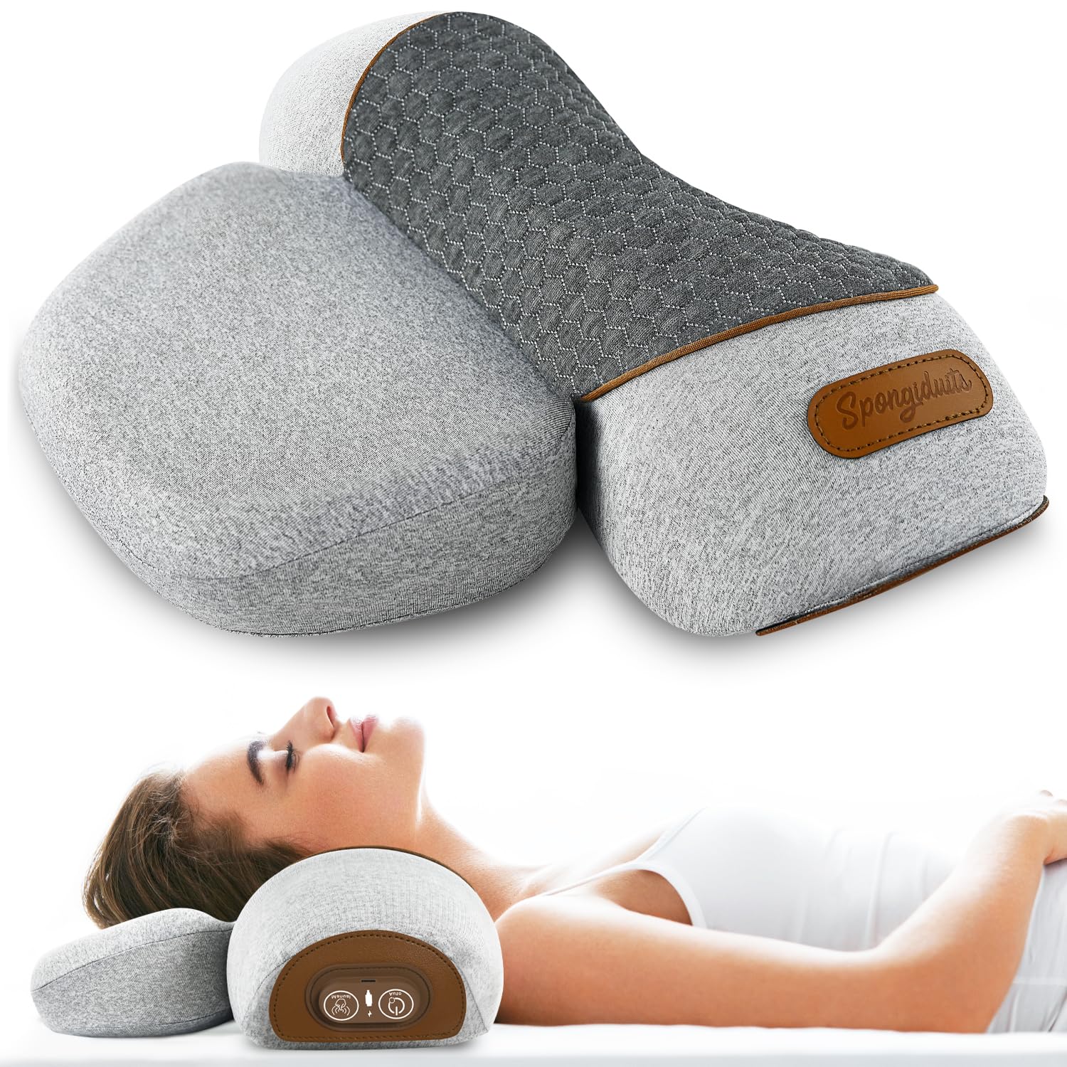 Spongiduits neck massager pillow front view highlights ergonomic alignment