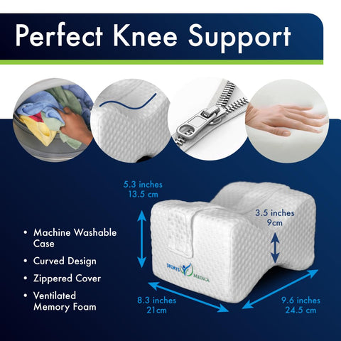 Sports Medica knee pillow between knees supports hip and spine alignment.