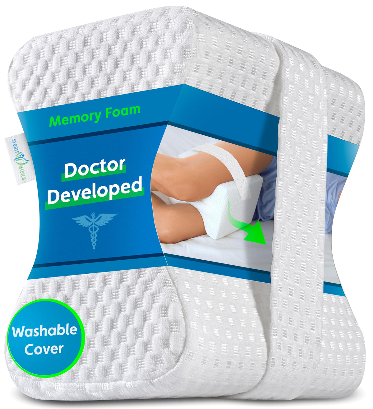 Sports Medica knee pillow for side sleeping enhances spine alignment.