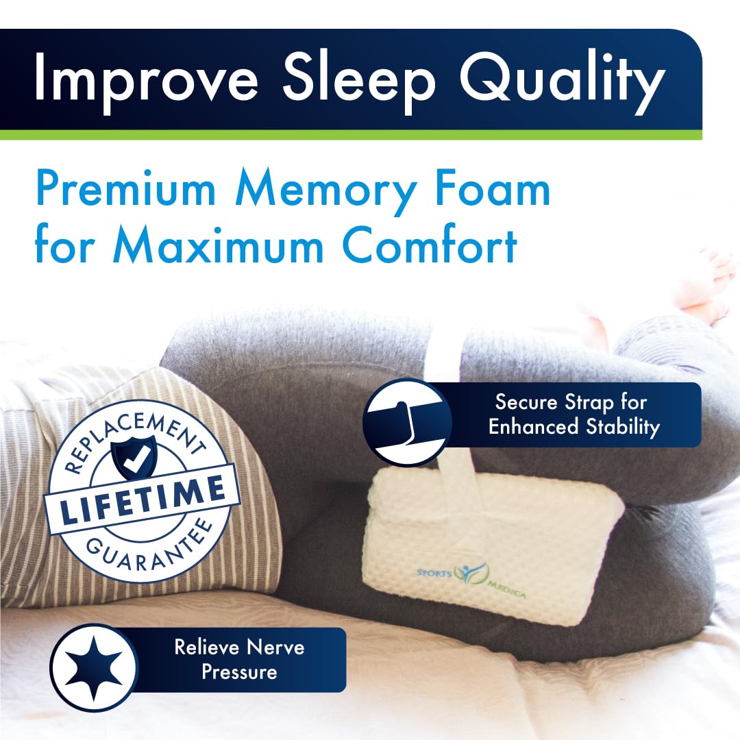 Sports Medica knee pillow with washable cover keeps bedding fresh.