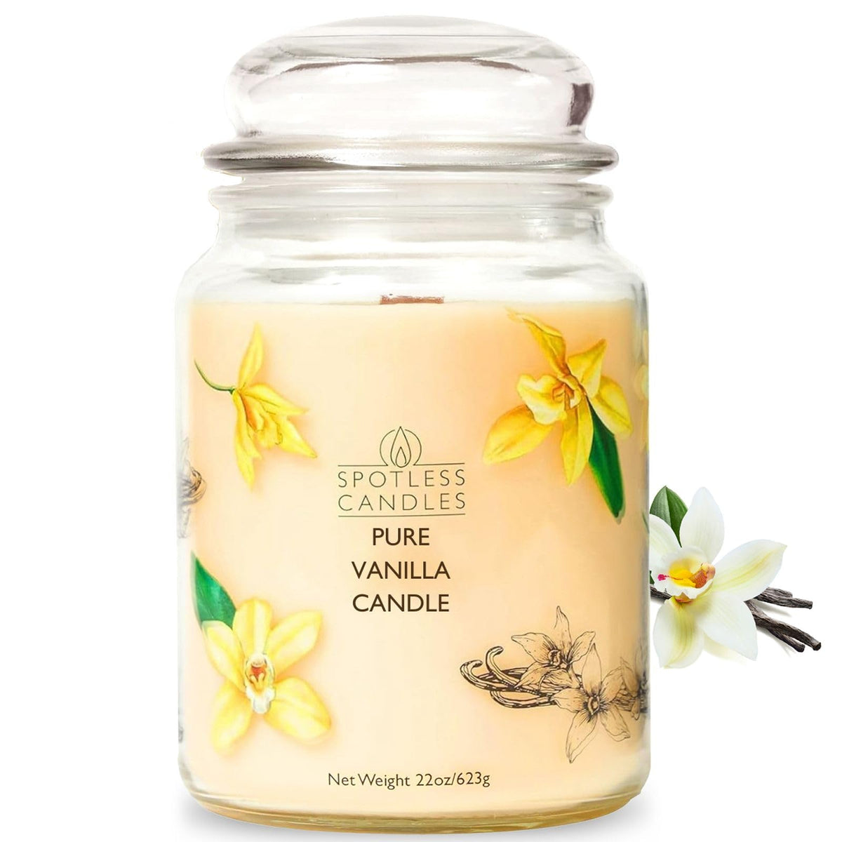 Spotless Leopard Pure Vanilla 22oz jar provides long burn for cozy evenings.