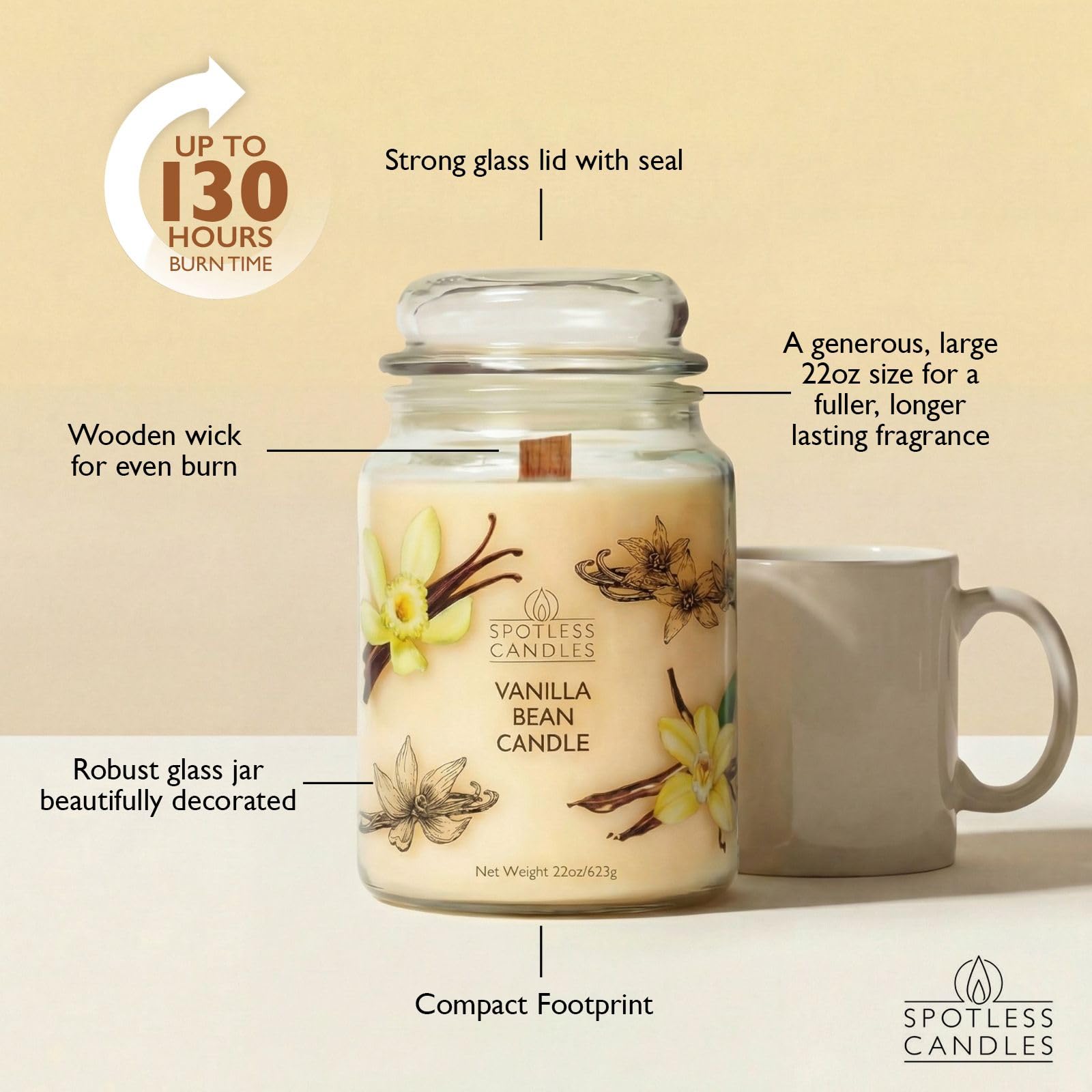 Spotless Leopard candle burn time up to 130 hours for lasting fragrance