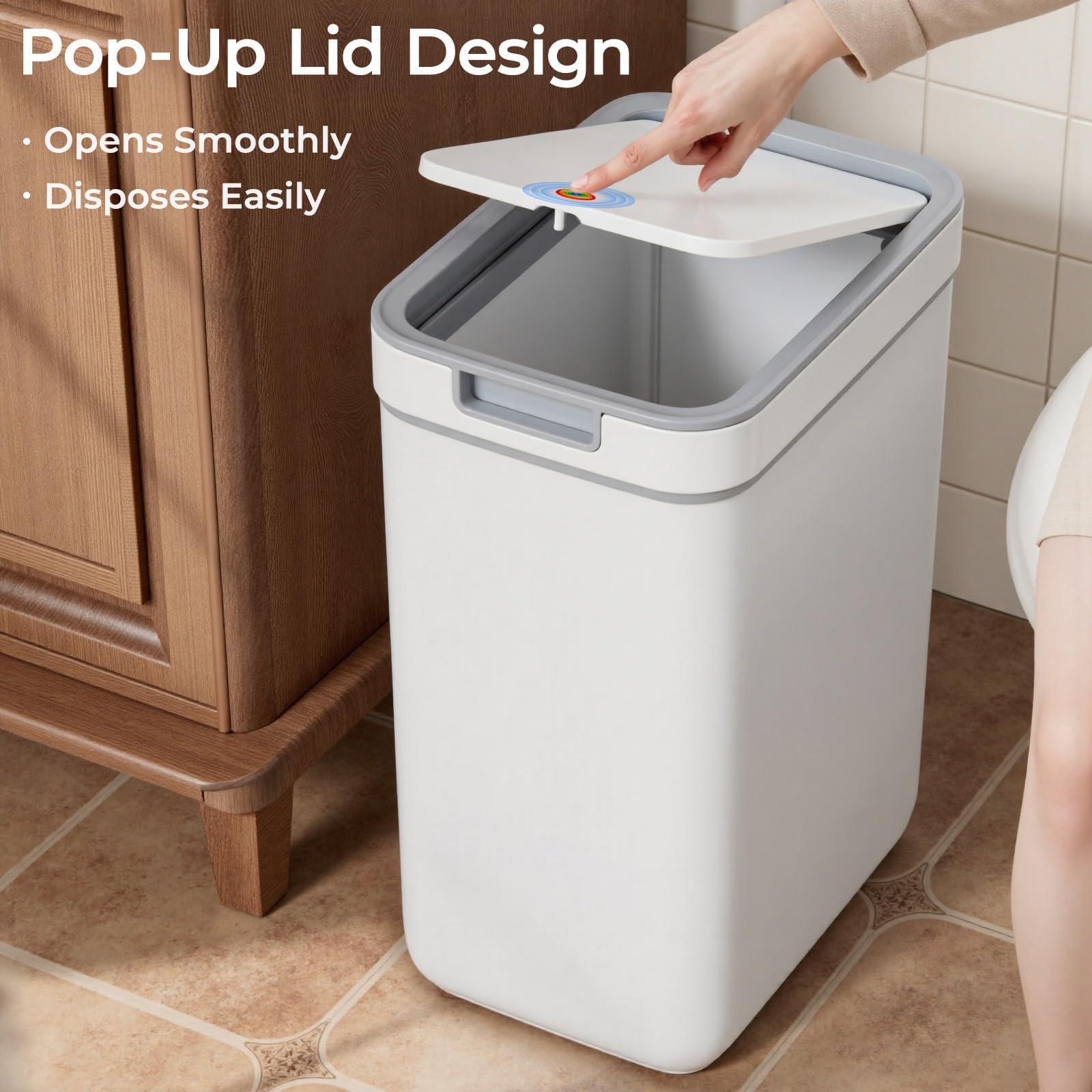 Spreezy 90-degree pop-up lid closes neatly while discarding trash