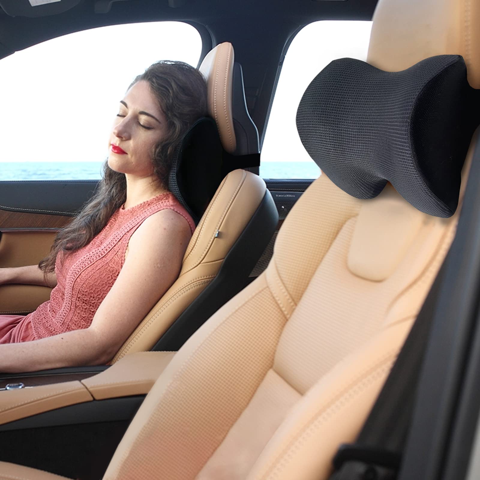 SPRFUFLY relaxing car headrest pillow on seat enhances comfort during long drives.