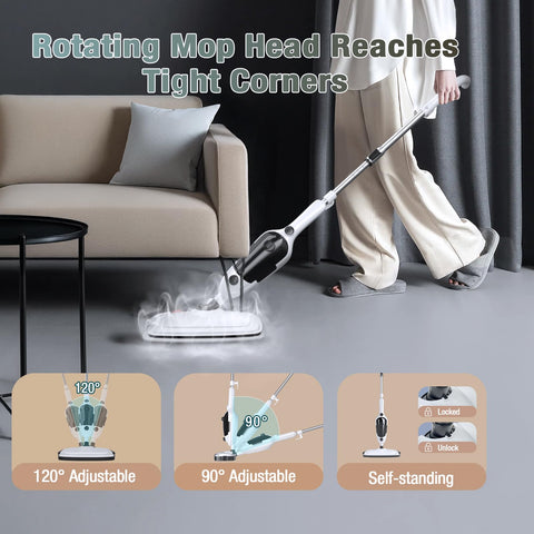 Sprobil steam mop operating with 23ft cord for large rooms.