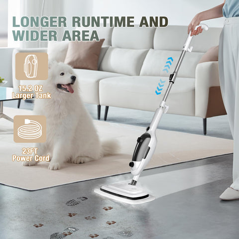 Sprobil 11-in-1 mop showing three steam modes for different messes.