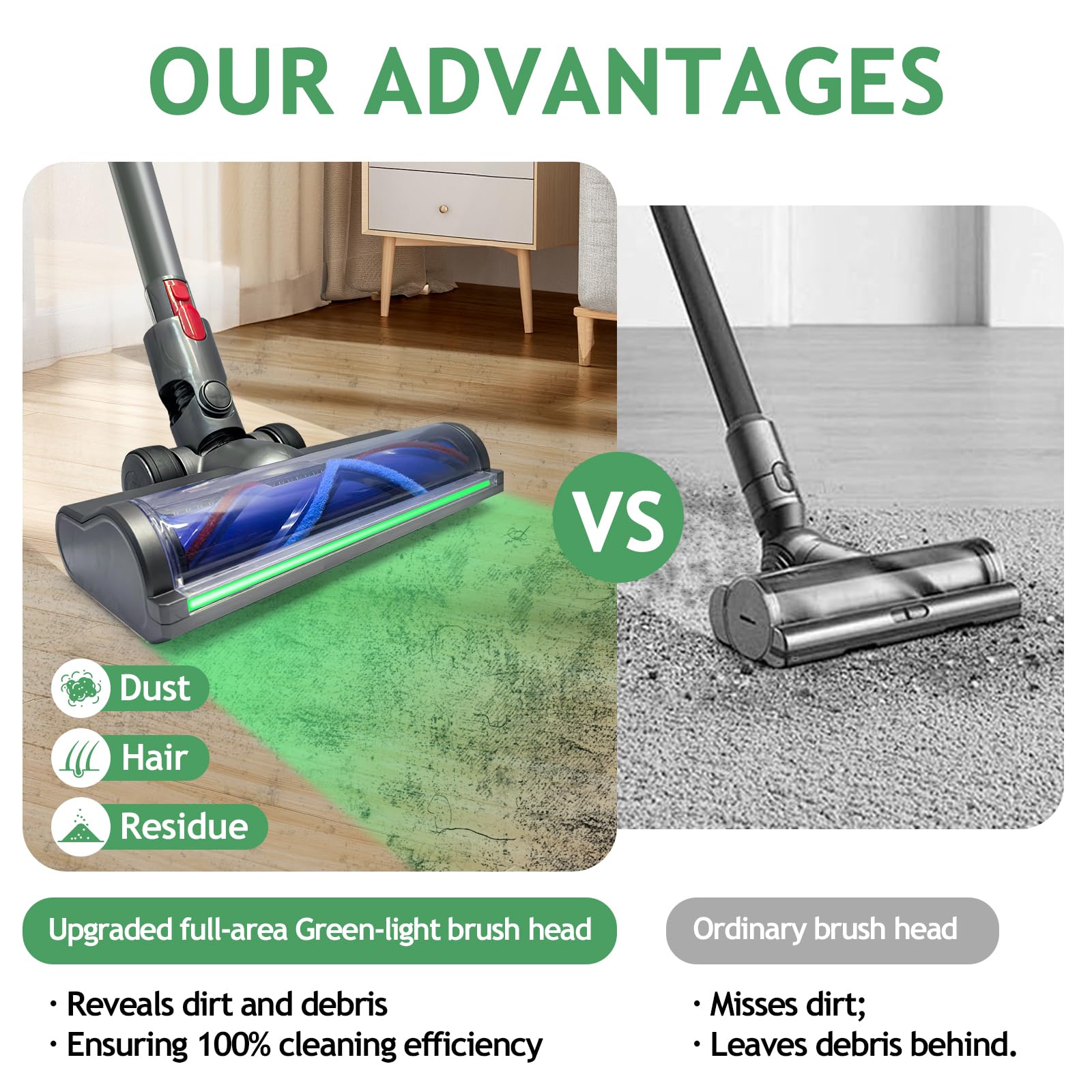 Spryar V-shaped bristle roller captures dust quickly on hard surfaces.