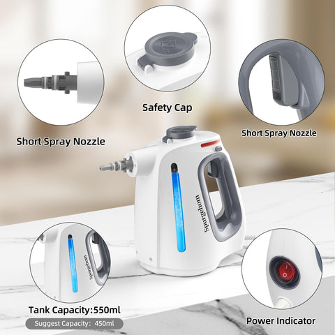 Spurgehom steam cleaner in use on a floor for chemical-free cleaning